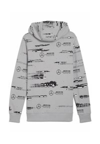 Gray hoodie with a textured pattern in black and white, featuring logos and abstract designs. Material appears soft and cozy.
