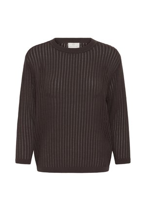 Pull en maille marron foncé à manches longues avec motif côtelé vertical et encolure ronde, présenté sur fond blanc.