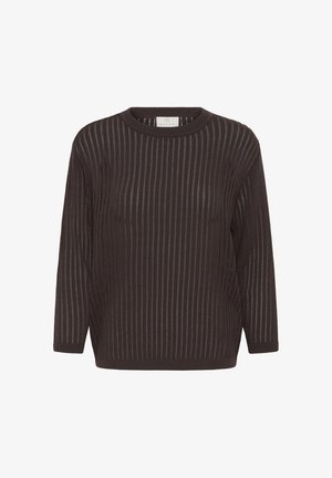 Pull en maille marron foncé à manches longues avec motif côtelé vertical et encolure ronde, présenté sur fond blanc.