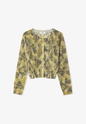 Kurzes, langärmeliges Strickjacke mit einem gelben und grünen Schlangenprint-Design, rundem Ausschnitt und Knopfverschluss auf der Front.