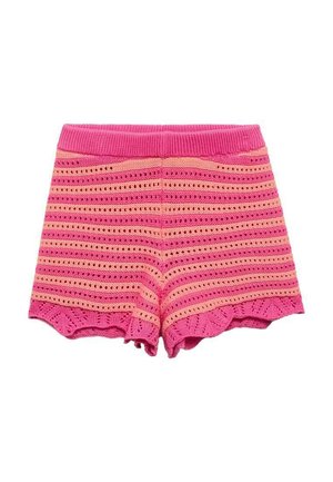Pink and peach knitted shorts with a striped pattern, featuring a ribbed waistband, scalloped hem, and decorative openwork details.