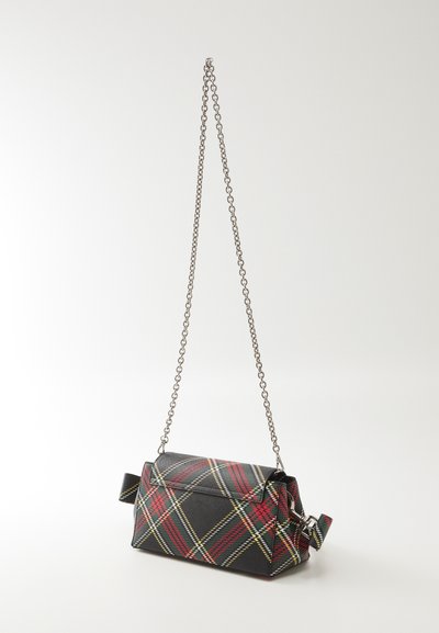 Tartan-patterned handbag in black, red, and green, with a structured shape, chain strap, and ribbon detail on one side.