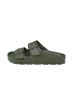 Sandalo verde oliva slip-on con due cinturini regolabili con fibbia e suola sagomata per un uso casual.