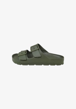 Sandalo verde oliva slip-on con due cinturini regolabili con fibbia e suola sagomata per un uso casual.