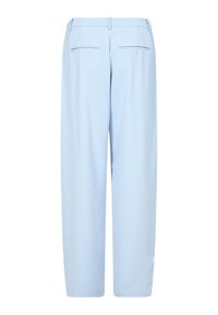 Light blue wide-leg trousers with a smooth texture, featuring a mid-rise waist, two back pockets, and pressed creases for a tailored look.