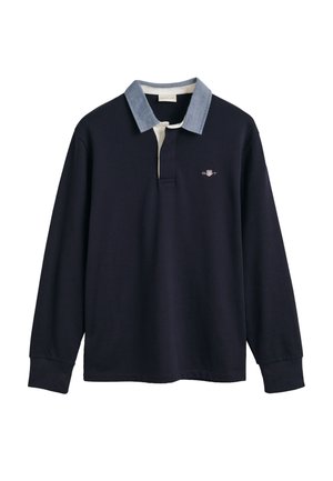 Marine lange mouw polo shirt, van katoen, met een denim kraag, witte knoopsluiting, en een klein geborduurd logo op de borst.