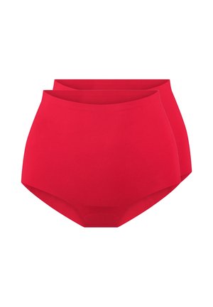 Vysoké červené spodní prádlo, vyrobené z hladké látky, s bezešvým designem a elastickým pasem. Součástí jsou dva kusy.