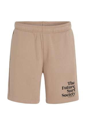 Beige katoenen shorts met een elastische tailleband. De linkerpoot heeft zwarte tekst: "The Future Surf Society O'Neill." Eenvoudig ontwerp en korte lengte.