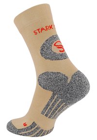 La chaussette beige présente un bas à motifs gris, un talon renforcé et un texte rouge "STARK S." Idéale pour le confort et la durabilité des chaussures.
