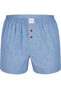 Světle modré bavlněné boxerské šortky s elastickým pasem, na přední straně se třemi červenými knoflíky a texturovaným vzorem látky.