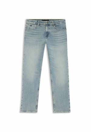 Jeans in denim azzurro chiaro con gamba dritta, chiusura con bottone e zip, tasche anteriori e posteriori e dettagli sottili di scoloritura.