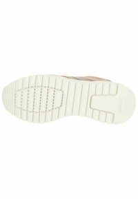 Suola di sneaker, materiale in gomma, colore avorio, testo con scanalature e rilievi, presenta il logo del marchio, progettata per aderenza e comfort.