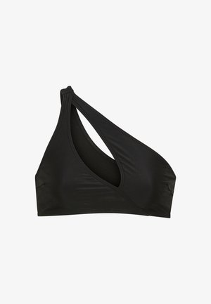 Zwart bikinitopje met een uniek asymmetrisch ontwerp met één schouderband, gemaakt van glad, rekbaar materiaal. Voorzien van uitgesneden details.