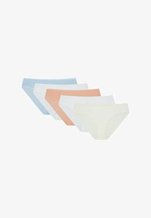 Five pairs of women's briefs in light blue, white, soft pink, peach, and pale yellow. Made of smooth cotton with a classic cut.