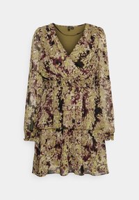 Blumenkleid aus durchsichtigem, leichtem Material. Mit langen Ärmeln, einem V-Ausschnitt und einem gestuften, gerüschten Saum. Farben: grün, lila und beige.