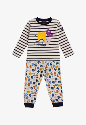 Haut à rayures à manches longues en crème et marine avec des lettres colorées et un graphique sur le devant, associé à un pantalon de pyjama à motifs comportant des formes ludiques.