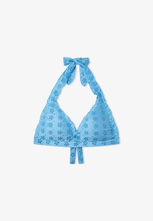 Top bikini blu con scollo all'americana realizzato in tessuto morbido, caratterizzato da ricami floreali, bordi scallop e lacci al collo e alla schiena.