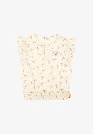 Katoenen top met korte mouwen in crèmekleur met een roze bloemenpatroon. Rimpelige mouwen, knoopsluiting aan de voorkant, elastische taille en een berenlogo detail.