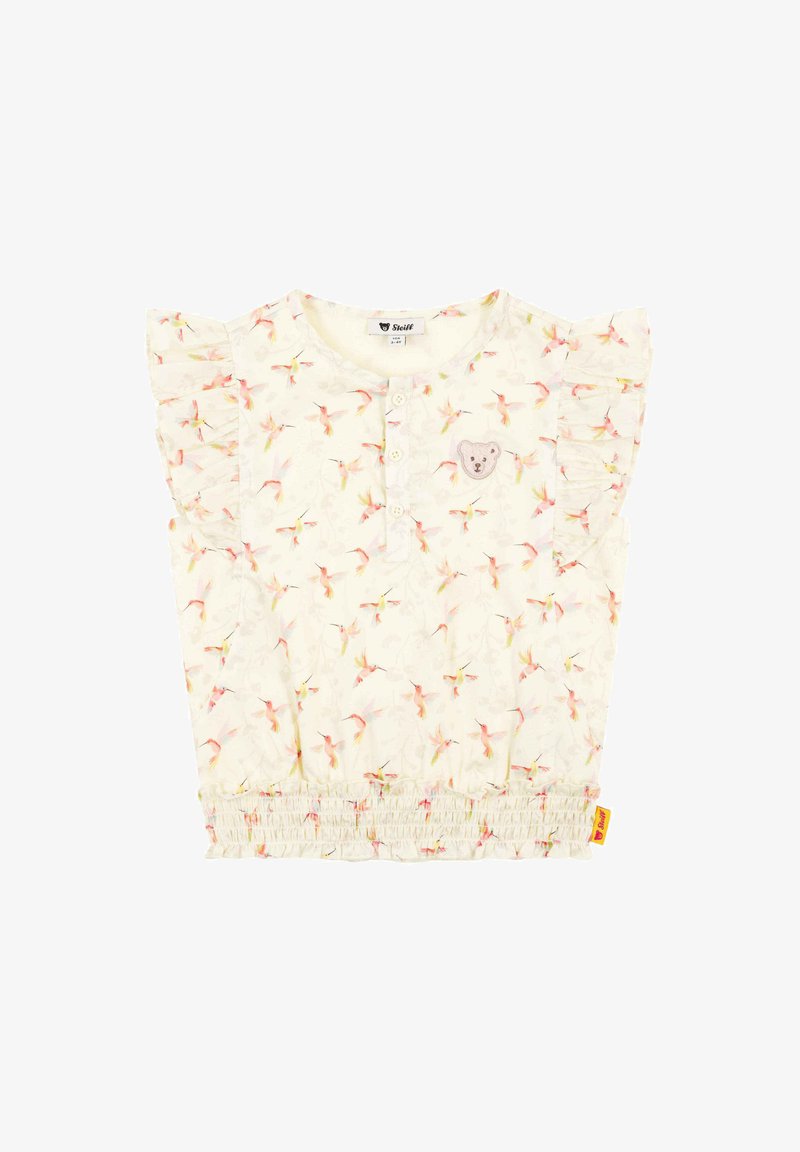 Kurzärmliges Baumwolloberteil in Creme mit pinkem Blumenmuster. Rüschenärmel, Knopfleiste, elastischer Bund und Bärenlogo-Detail.