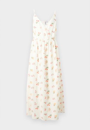 Abito lungo floreale color crema con design avvolgente, spalline sottili e vita arricciata, caratterizzato da piccoli motivi floreali rosa e gialli su tutta la superficie.