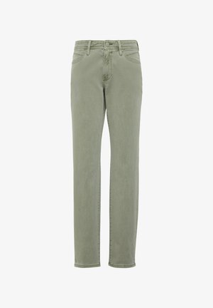 Jeans in denim verde chiaro con design a gamba dritta, caratterizzati da un styling a cinque tasche e una vita classica con passanti per cintura. Texture morbida.