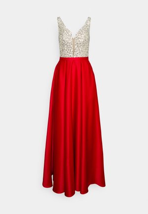 Bodenlanges formelles Kleid mit einem perlenbestickten silbernen ärmellosen Oberteil und einem fließenden, leuchtend roten Satinsrock.