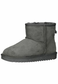 Stivale alla caviglia in suede grigio con morbida fodera in pelliccia, punta rotonda e suola in gomma texturizzata. Caratterizzato da dettagli di cucitura e un inserto per il supporto.