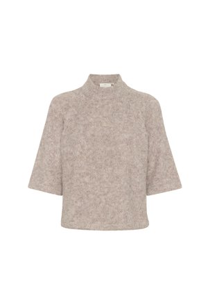 Pull en tricot texturé gris clair avec un col haut et des manches courtes, offrant une coupe décontractée et un tissu doux. Pas de motifs ou d'accents visibles.
