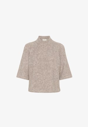 Pulover tricotat texturat, de culoare gri deschis, cu guler înalt și mâneci scurte, având un croi lejer și o țesătură moale. Fără modele sau accente vizibile.