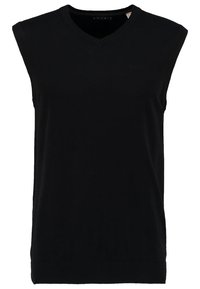 Svart ärmlös topp med V-ringning. Tillverkad av ett mjukt material. Har en ribbad fåll och subtil logotyp på framsidan.