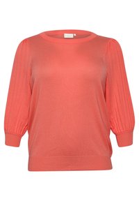 Pull en maille rose corail avec manches longues bouffantes côtelées et poignets larges, encolure ronde et taille ajustée.