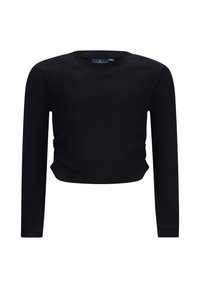 Crop top nero a maniche lunghe con scollatura rotonda e silhouette aderente. La texture del tessuto è liscia ed elastica, garantendo comfort.