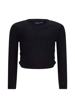 Crop top nero a maniche lunghe con scollatura rotonda e silhouette aderente. La texture del tessuto è liscia ed elastica, garantendo comfort.