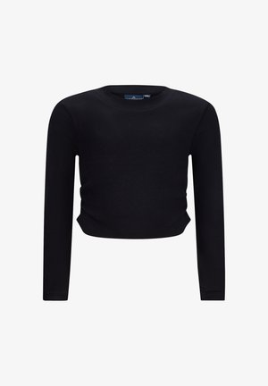 Black ribbed long-sleeve crop top with a round neckline and fitted silhouette. Fabric texture is smooth and stretchy, allowing for comfort.