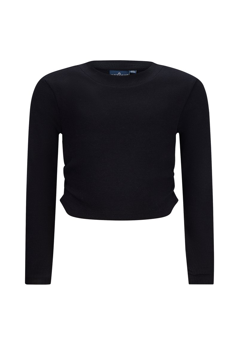 Crop top nero a maniche lunghe con scollatura rotonda e silhouette aderente. La texture del tessuto è liscia ed elastica, garantendo comfort.