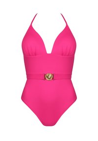 Fuksjowy jednoczęściowy strój kąpielowy z głębokim dekoltem w kształcie litery V, wyprofilowanymi miseczkami oraz złotym okrągłym detalem w talii. Gładki, elastyczny materiał.