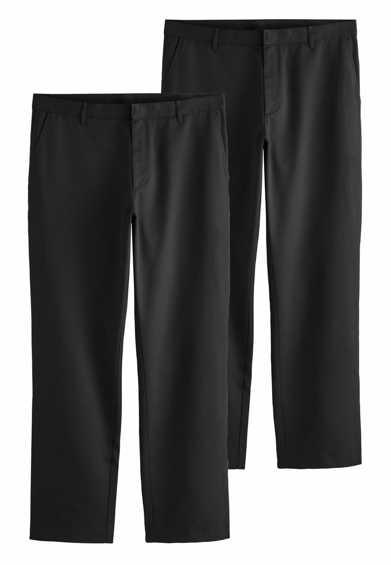Pantalons noirs en tissu lisse, avec un design à devant plat, deux poches latérales et une coupe droite.