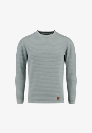 Lange mouwen trui in lichtgrijs met een gestructureerd, ribgebreid design en een klein, bruin leren label vlakbij de zoom. Crew neck stijl.