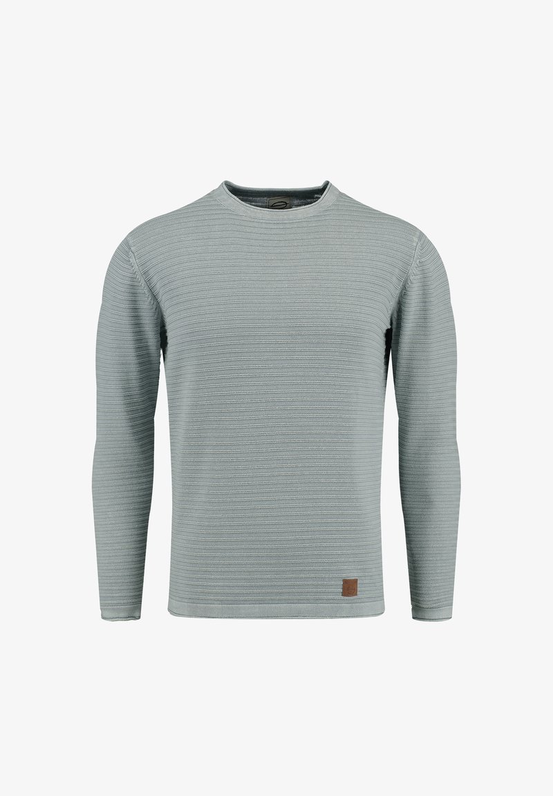 Langärmliger Pullover in Hellgrau mit strukturiertem, geripptem Design und einem kleinen, braunen Leder-Patch am Saum. Rundhalsausschnitt.