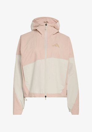 Giacca a vento rosa e bianca con motivo a scacchi nella sezione superiore, dotata di zip frontale e cappuccio regolabile.