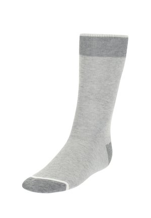 Graue Baumwollsocke mit einer gerippten Bündchen und einfarbigen grauen Akzenten an Ferse und Spitze. Glatte Textur und simples Design. Keine Muster oder Logos.