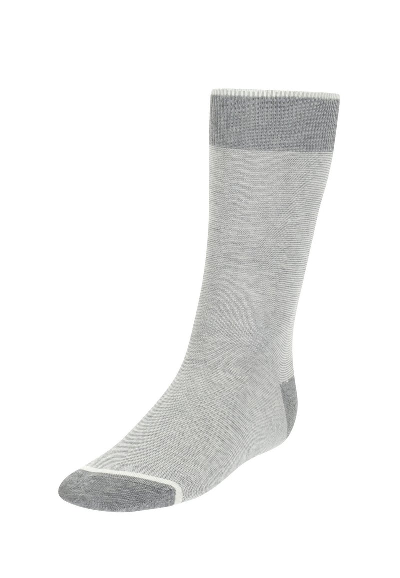 Calzino in cotone grigio con bordo a coste e punte e talloni grigio uniforme. Tessuto liscio e design semplice. Senza motivi o loghi.