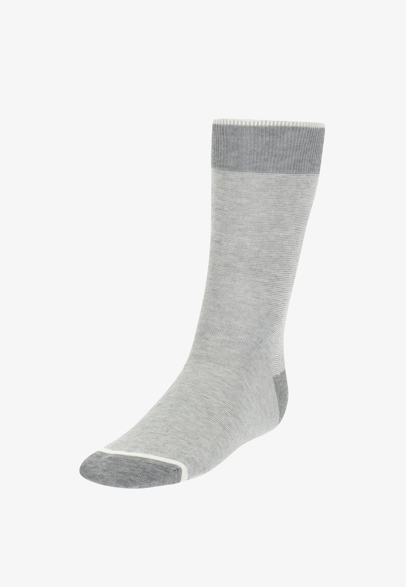 Calcetín de algodón gris con un puño acanalado y acentos de talón y punta en gris sólido. Textura suave y diseño sencillo. Sin patrones ni logotipos.