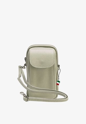 Kleine lichtbeige textuur schoudertas met voorflapzak, ritssluiting aan de bovenkant, afneembare riem en een klein Italië-vlaggetje aan de zijkant.