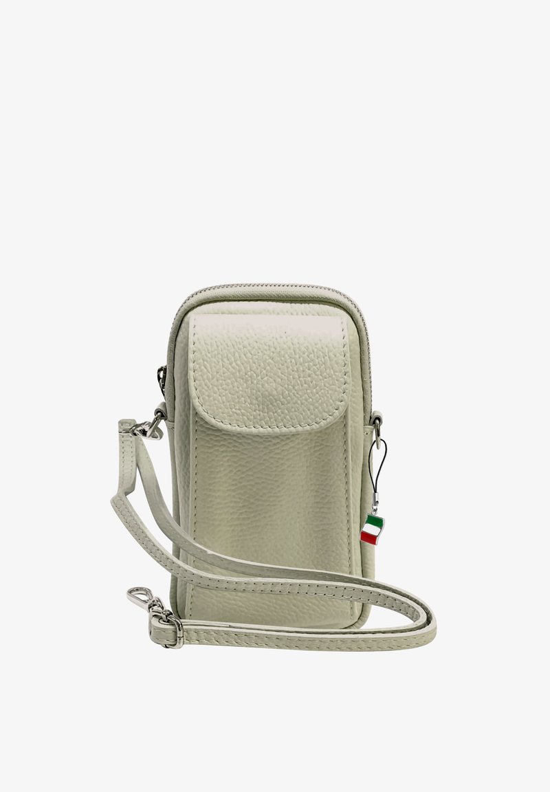 Kleine lichtbeige textuur schoudertas met voorflapzak, ritssluiting aan de bovenkant, afneembare riem en een klein Italië-vlaggetje aan de zijkant.