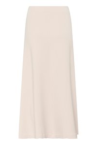 Hele beež värvi midi-seelik, valmistatud pehmest ja kergest materjalist; laieneva lõikega, siledapinnaline ja lihtsa, õmblusteta vöökohaga.