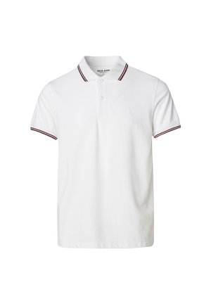 Camisa polo blanca de algodón, con una tapeta de dos botones, mangas cortas y acentos burdeos en el cuello y los puños.