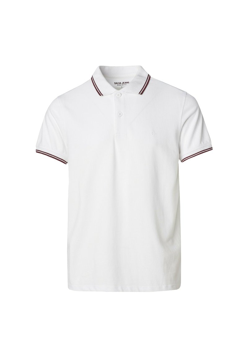 Camisa polo blanca de algodón, con una tapeta de dos botones, mangas cortas y acentos burdeos en el cuello y los puños.