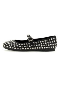 Black Mary Jane flat shoe with ankle strap, decorated with multiple silver-tone studs and rhinestones all over.