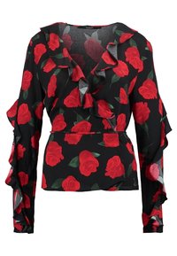 Sort bluse med rødt roseprint. Har volangærmer og -udskæring. Letvægtsstof med et flydende design.